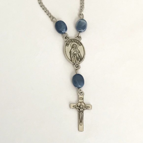 Vintage St Saint Anthony Peregrine Cross Necklace Medal Catholic 21" Blue Beads - Picture 7 of 11